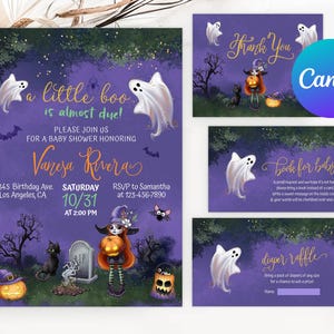Babyshower uitnodigingsset meisje Halloween afdrukbare heks babyshower bedankt luier loterij boek verzoekkaart