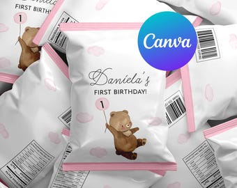 May include: Pink and white chip bags with a brown bear illustration and the text "Daniela's First Birthday!" and the number "1".
