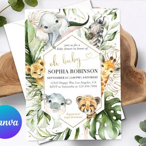 Safari Animals Baby Shower Invitation Wild Jungle Greenery Oh Baby Elephant Lion Giraffe Printable Editable Template Digital Printed Invite
