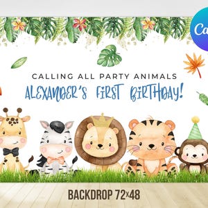 Puede incluir: Un telón de fondo blanco con un tema de jungla para una fiesta de primer cumpleaños. El telón de fondo presenta una jirafa, una cebra, un león, un tigre y un mono con el texto "Calling all party animals Alexander's first birthday!" y "Backdrop 72x48".