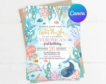 Under the Sea First Birthday Invitation Girl Ocean Life Animals Party Invite Whale Dolphin Printable Editable Template Digital or Printed