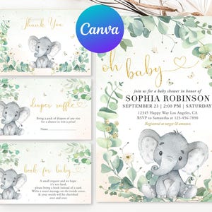 Carte de demande de livre de tombola de couches-culottes, carte de demande de livre de tombola de couches-culottes, invitation de baby shower éléphant, oh bébé, verdure florale, or, imprimable