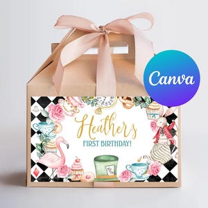 First Birthday Girl Gable Box Labels Alice in Wonderland Favor Box Sticker Alice Onederland Tea Party Digital Printable Editable Template