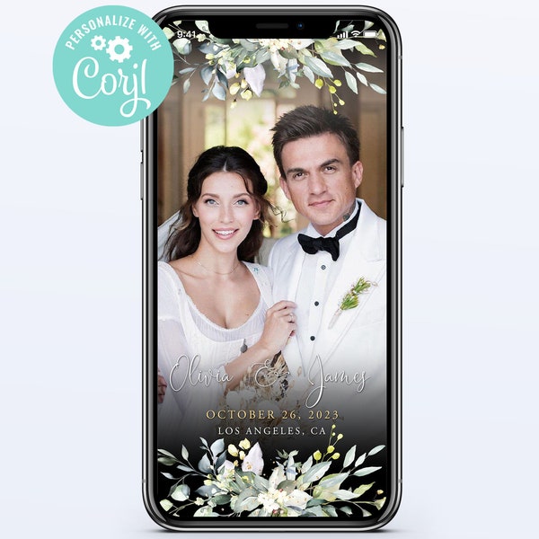 Mariage Snapchat Geo Filter Modèle modifiable Téléchargement instantané Digital Greenery Or Botanical Eucalyptus Leaves Corjl