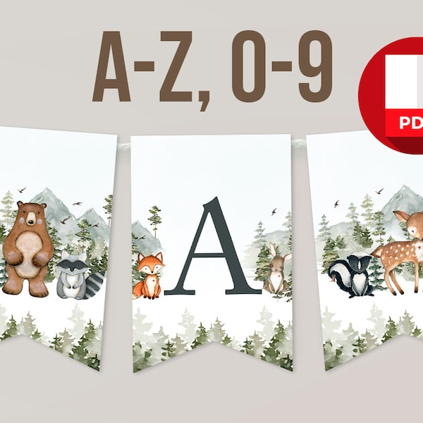 Printable Banner Letters Baby Shower Decoration Adventure Awaits Birthday Letters A to Z Woodland Animal Watercolor Digital Instant Download