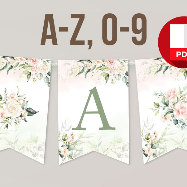 Printable Banner Letters Baby Shower Decoration Girl Blush Pink and Gold Spring Flower Birthday Letters A to Z Digital Instant Download