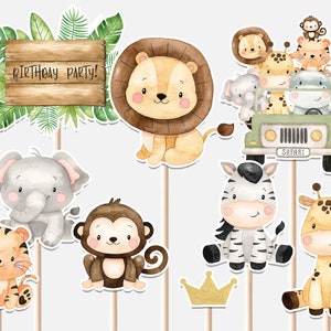 Chiamando tutti gli animali della festa centrotavola Primo compleanno ragazzo Animali safari selvaggi Jeep Leone Scimmia Tigre Ritagli Cake Topper stampabile digitale immagine 1