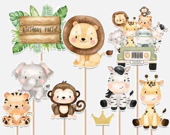 Centros de mesa con animales para fiestas de primer cumpleaños de niño, animales salvajes de safari, jeep, león, mono, tigre, recortes para tartas, imprimibles digitales