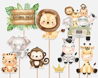 Chiamando tutti gli animali della festa centrotavola Primo compleanno ragazzo Animali safari selvaggi Jeep Leone Scimmia Tigre Ritagli Cake Topper stampabile digitale