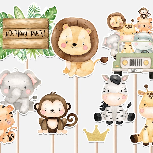 Chiamando tutti gli animali della festa centrotavola Primo compleanno ragazzo Animali safari selvaggi Jeep Leone Scimmia Tigre Ritagli Cake Topper stampabile digitale