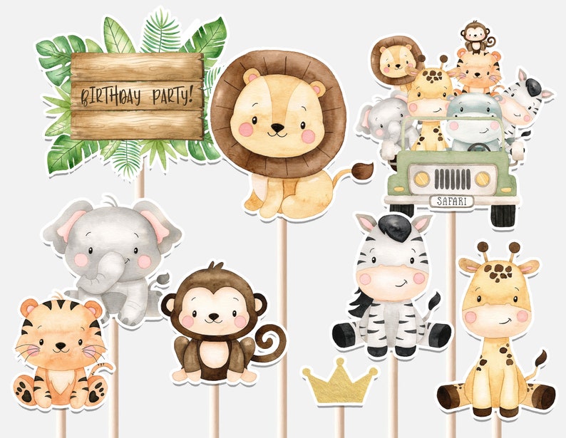 Chiamando tutti gli animali della festa centrotavola Primo compleanno ragazzo Animali safari selvaggi Jeep Leone Scimmia Tigre Ritagli Cake Topper stampabile digitale immagine 1