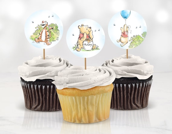 Winnie the Pooh Baby Shower Boy Cupcake Toppers Decoration Piglet Tigger Eeyore Birthday Party Decor Printable Digital Instant Download