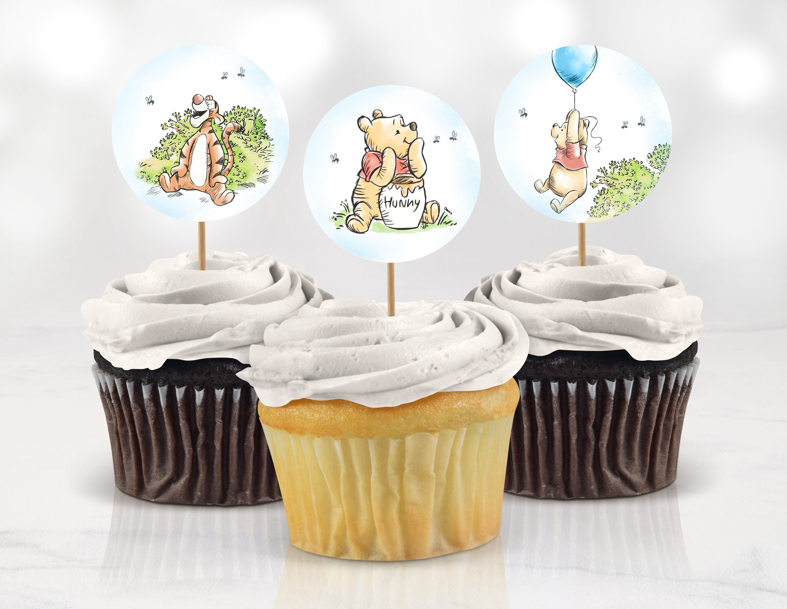 Winnie the Pooh Cupcake Topper Decorations, Party Decoration Centerpieces,  Classic Pooh Bear Cut Out. Vintage Pooh Cake Topper, Digital 