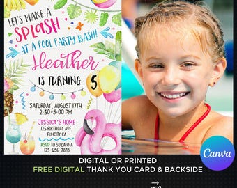 Swimming Pool Party Birthday Invitation Girl Photo Picture Printable Summer Party Invite Beach Thank You Card Digital or Printed Invites