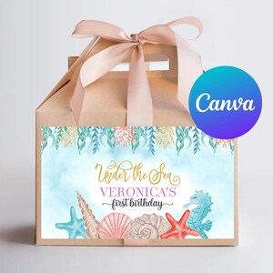 Ocean First Birthday Girl Gable Box Labels Under the Sea Favor Box Sticker Ocean Life Animals Party Digital Printable Editable Template