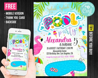Swimming Pool Party Birthday Invitation Girl Printable Summer Beach Party Thank You Card Editable Template Instant Download Digital Printed