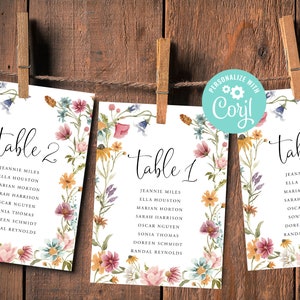 Bruiloft zitplaatsen grafiek kaartsjabloon tabelnummer bewerkbare digitale download of gedrukte wilde bloemen bloemenkrans Boho tuin land Corjl