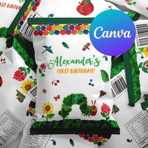 Very Hungry Caterpillar First Birthday Chip Bags Birthday Party Decoration Digital Printable Editable Template Instant Download