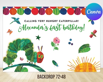 May include: A colorful backdrop for a first birthday party featuring a green caterpillar, a yellow sun, a pink flower, and the text "Calling Very Hungry Caterpillar! Alexander's first birthday!"