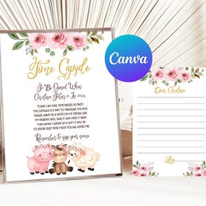 Ferme, premier, premier anniversaire, capsule temporelle, fille florale rose, animaux de la basse-cour, fête, cartes de correspondance assorties, modèle numérique imprimable modifiable