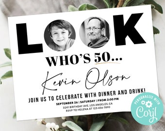Look Who's 50 Birthday Invitation with Photo Picture Black and White Simple Aesthetic Thirtieth Invite Editable Template Digital or Printed