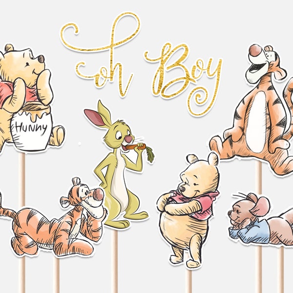 Winnie the Pooh Centros de mesa Baby Shower Decoración Hunny Rabbit Tigger Roo Decoración Recortes Cake Topper Imprimible Digital