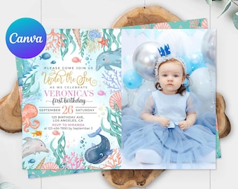 Sotto il mare Primo compleanno invito carta foto immagine ragazza vita oceano animali festa invito fondale marino modello modificabile digitale stampabile