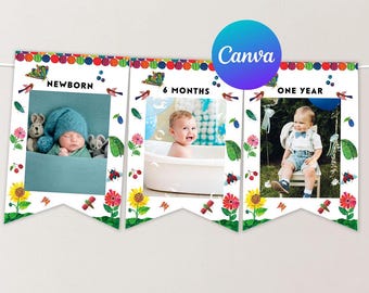 Banner fotográfico para el primer cumpleaños de La oruga muy hambrienta, decoración para fiesta de cumpleaños, plantilla editable, imprimible digitalmente