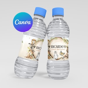 May include: Two clear plastic water bottles with blue lids and personalised labels. The labels feature a woodland theme with cute animals and the text "Ricardo's First Birthday".
