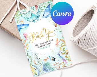 May include: A blue and gold thank you tag with a watercolor design of sea creatures and seaweed. The text reads "Thank You" in gold script and "We hope you had a Wild Time! VERONICA".