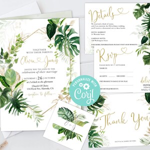 Wedding Invitation Suite Templates Set RSVP, Thank You Card, Favor Tag, Details Jungle Geometric Monstera Palm Greenery Gold Tropical Leaves