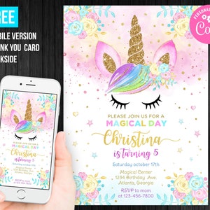 Unicorn Birthday Invitation Girl Electronic Instant Download Magical Thank You Card Flowers Editable Template Corjl Digital Printed Invites