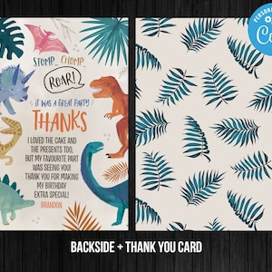 Dinosaur Thank You Card Stomp Chomp and Roar Birthday Boy Thank You Card Birthday Instant Download Editable Template Digital or Printed