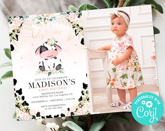 Cow First Birthday Invitation Card Photo Picture Girl Holy Cow I'm One Invite Pink Floral Greenery Decor Editable Template Digital Printable
