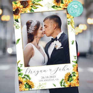 Wedding Photo Booth Frame Prop Decor Digital Editable Template Printable Sunny Yellow Flowers Sunflower Floral Rustic Country Corjl