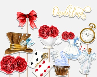 Alice in Wonderland Centerpieces First Birthday Girl Alice Onederland Mad Tea Party Floral Decor Cutouts Cake Topper Printable Digital