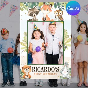 Woodland Animals First Birthday Photo Booth Decor Calling All Party Animals Photo Frame Squirrel Raccoon Digital Editable Template Printable