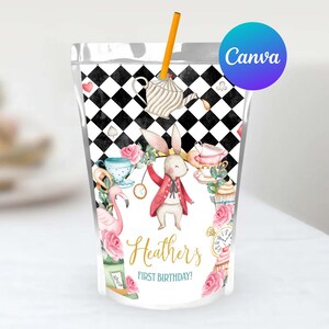 Alice in Wonderland First Birthday Girl Capri Sun Labels Editable Template Alice Onederland Tea Party Juice Pouch Labels Digital Printable