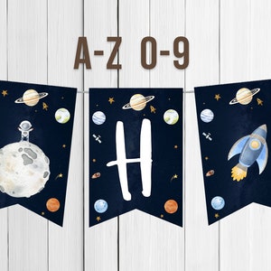 Letras de banner imprimibles de la A a la Z Espacio exterior Primer cumpleaños Niño Decoración Cohete Primer viaje alrededor del Sol Luna Descarga instantánea digital