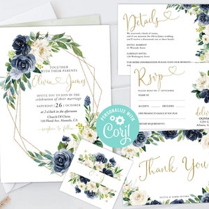 Wedding Invitation Suite Templates Set Instant Download RSVP, Thank You Card, Favor Tag, Details Card Navy Blue Flower Floral Geometric