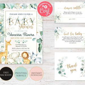 Safari dieren baby shower uitnodiging genderneutraal jungle afdrukbare Instant Download bewerkbare dank u luier loterij boek aanvraagkaart