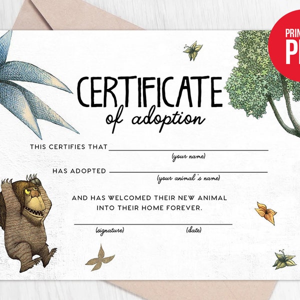 Adopt an Animal Adoption Certificate Where The Wild Things Are First Birthday Let the Wild Rumpus Start Digital Printable Template