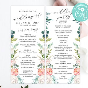 Wedding Program Template Download Order Of Ceremony Editable Customizable Printable Digital Pink White Floral Garden Blush Flowers Roses