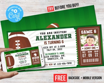 Football Ticket Birthday Invite Sports Party Boy Invitation Photo Picture Ticket Tag Editable Instant Download Digital Printed Invites