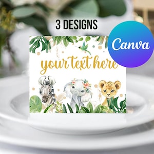 Safari Animals Baby Shower Girl Food Labels Printable Jungle Greenery Table Card Food Tent Card Birthday Party Decor Editable Template