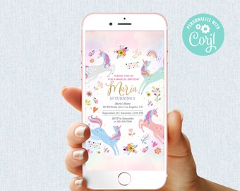 Unicorn Birthday Invitation Girl Instant Download Digital Magical Day Party Mobile Phone Electronic Email SMS Invite Editable Template Corjl