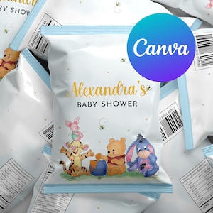 Baby Shower Chip Bags Winnie the Pooh Party Decoration Editable Template Piglet Tigger Eeyore Hunny Printable Digital