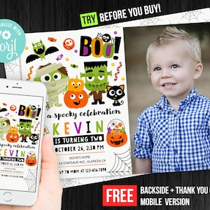 Halloween Boo Birthday Invitation Boy Photo Picture Ghost Thank You Card Spooky Celebration Party Editable Template Corjl Digital or Printed