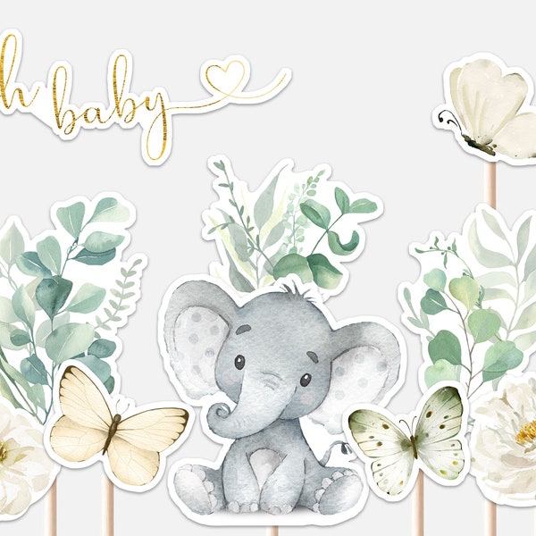 Elephant Baby Shower Centerpieces Floral Greenery Gold Decor Oh Baby Cute Little Peanut Cutouts Cake Topper Printable Digital