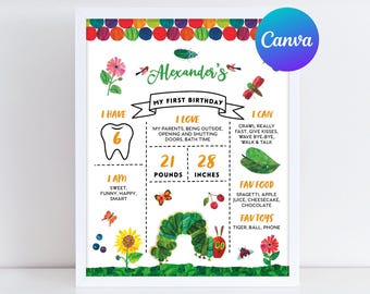 Very Hungry Caterpillar First Birthday Milestone Board Birthday Party Decoration Milestone Sign Digital Printable Editable Template